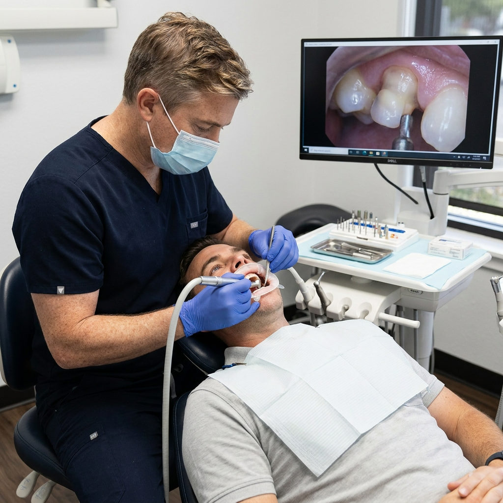 A dentist at Schaar Dental Wellness in Victoria, TX prepares a bridge while the patient views the screen.