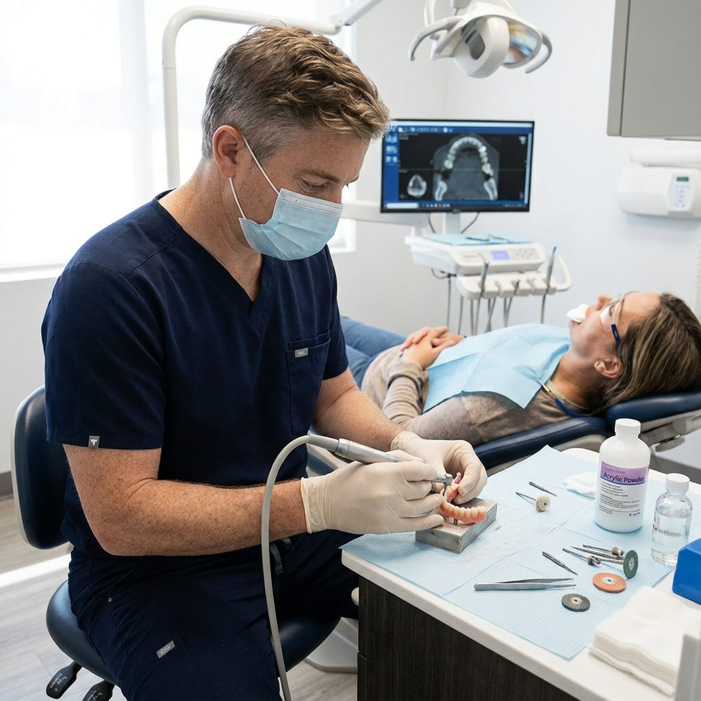A dentist at Schaar Dental Wellness in Victoria, TX, shapes a dental bridge for a patient resting in a modern operatory.