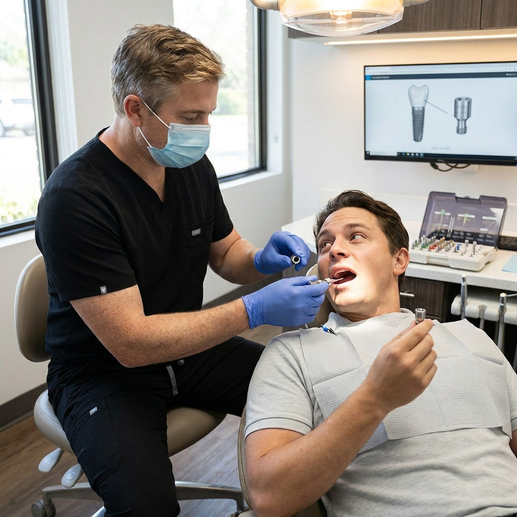 A dentist at Schaar Dental Wellness in Victoria, TX, shows a patient a model component for their dental implant restoration.