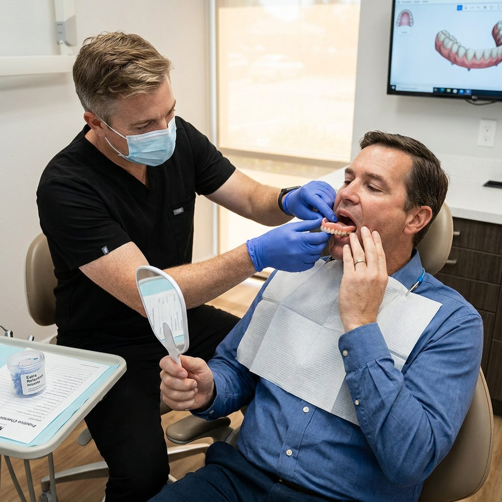 A dentist at Schaar Dental Wellness in Victoria guides a patient seating a snap-on denture using a mirror and model.