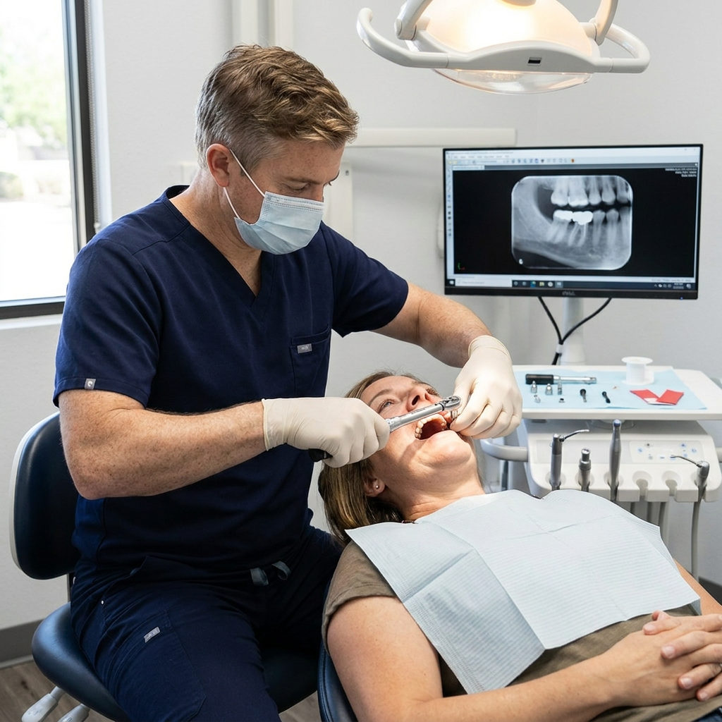 A Schaar Dental Wellness dentist in Victoria, TX secures a dental bridge for a patient in a modern dental operatory.