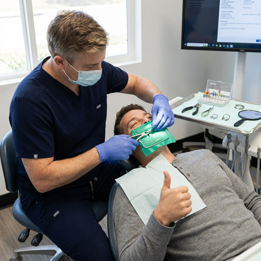 A Victoria, TX dentist at Schaar Dental Wellness adjusts a rubber dam for a patient who gives a thumbs up during a procedure.