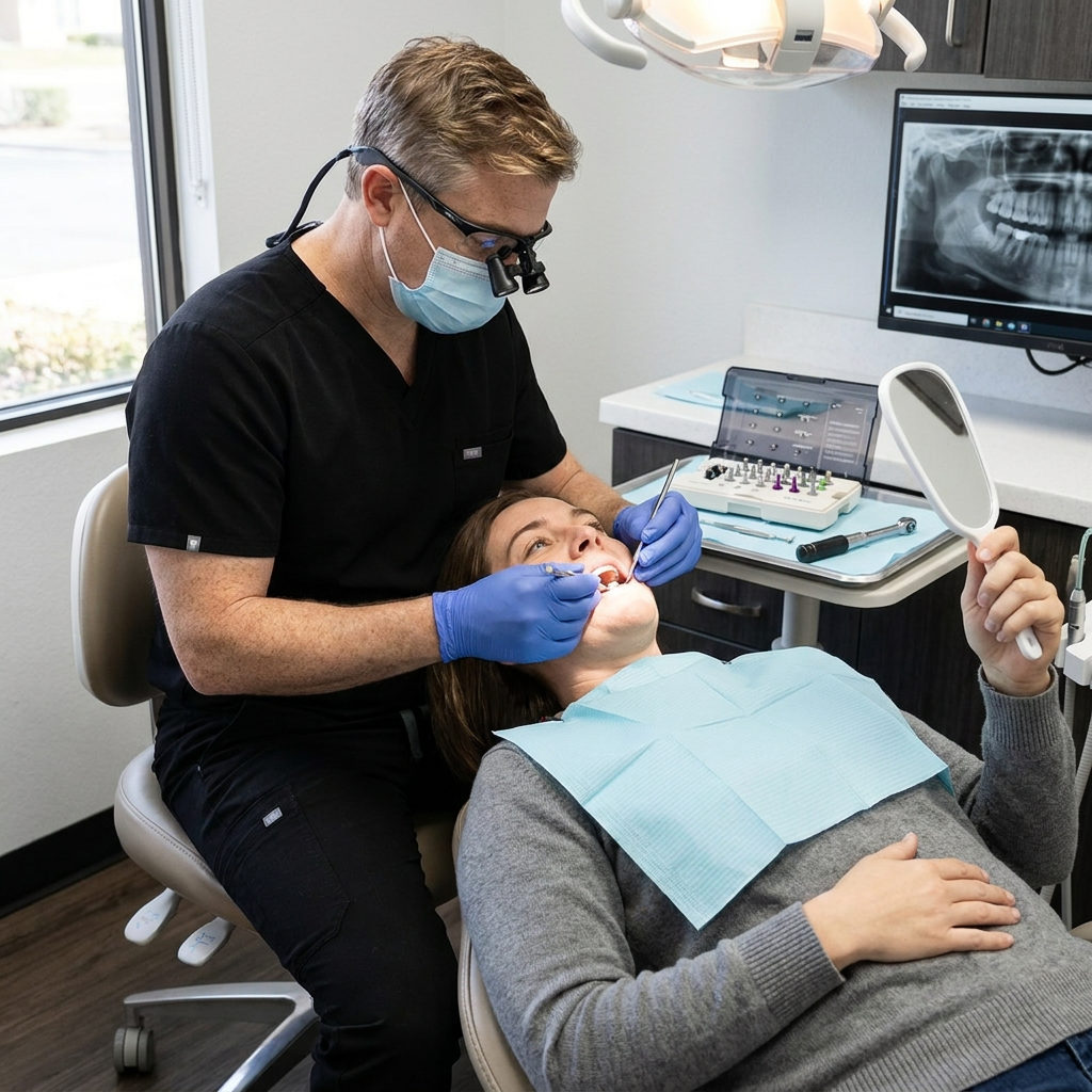 A Victoria, TX dentist at Schaar Dental Wellness places an implant abutment as a patient watches through a handheld mirror.