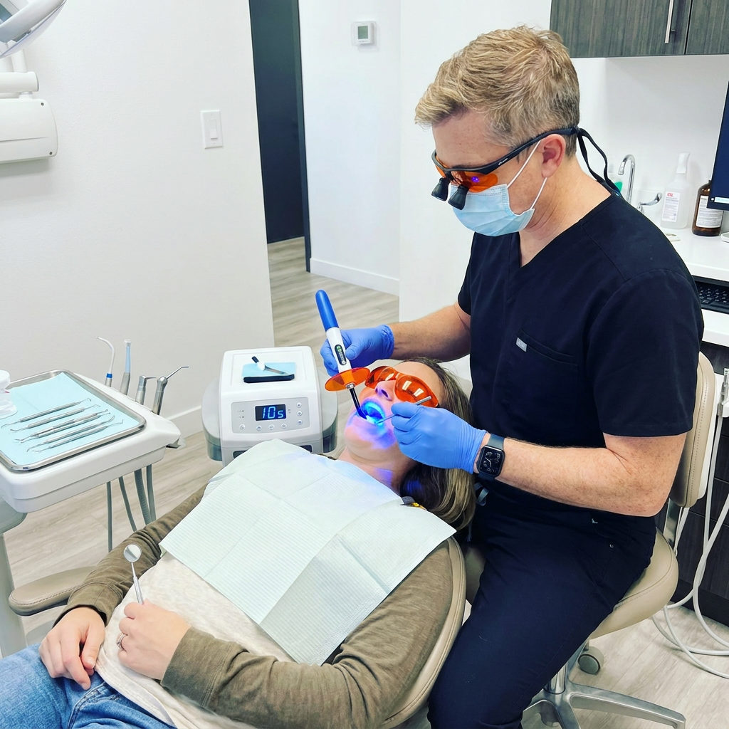 A dentist at Schaar Dental Wellness in Victoria, TX uses a blue curing light on a patients filling during a procedure.