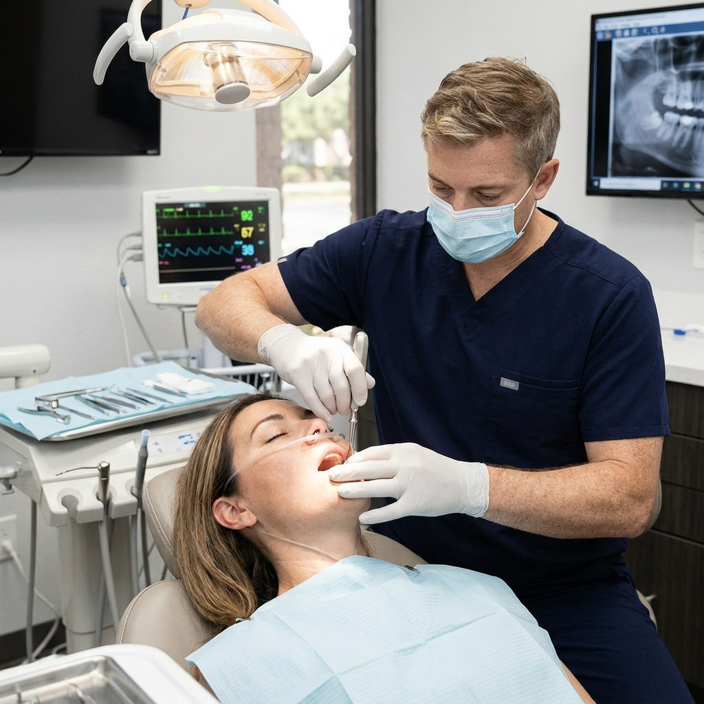 A Victoria, TX dentist at Schaar Dental Wellness performs a procedure for a sedated patient in a modern surgical room.