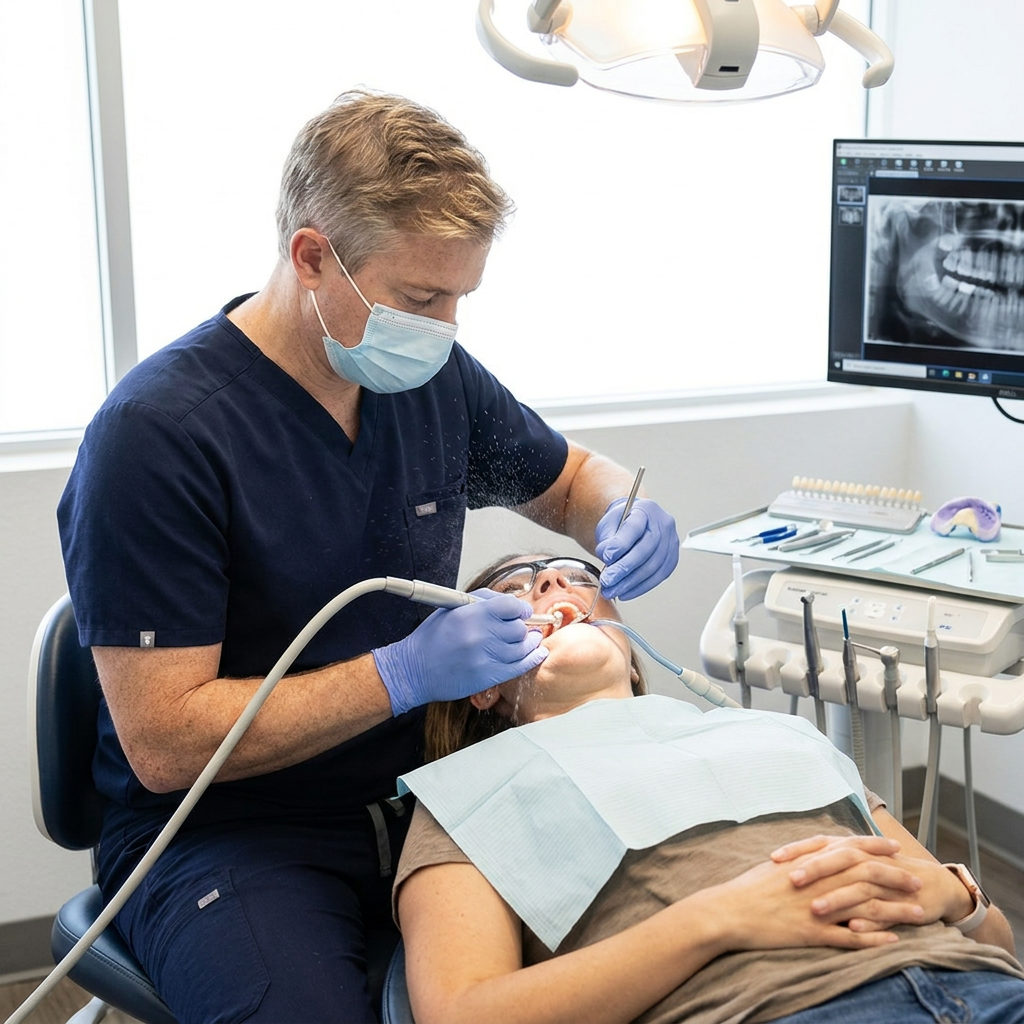 A Victoria, TX dentist at Schaar Dental Wellness uses a handpiece to prepare a tooth for a dental crown restoration.