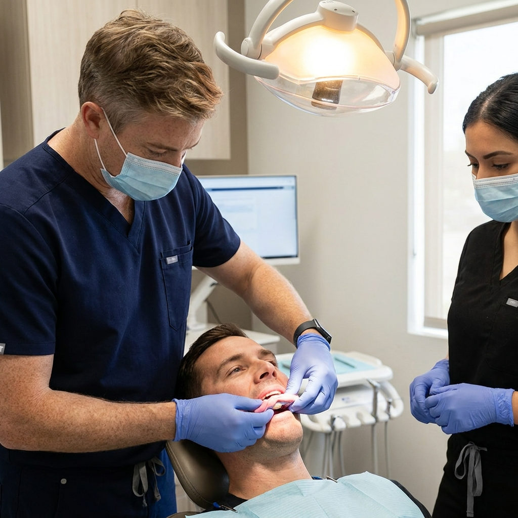 A dentist and assistant take dental impressions for a patient at Schaar Dental Wellness in Victoria, TX.