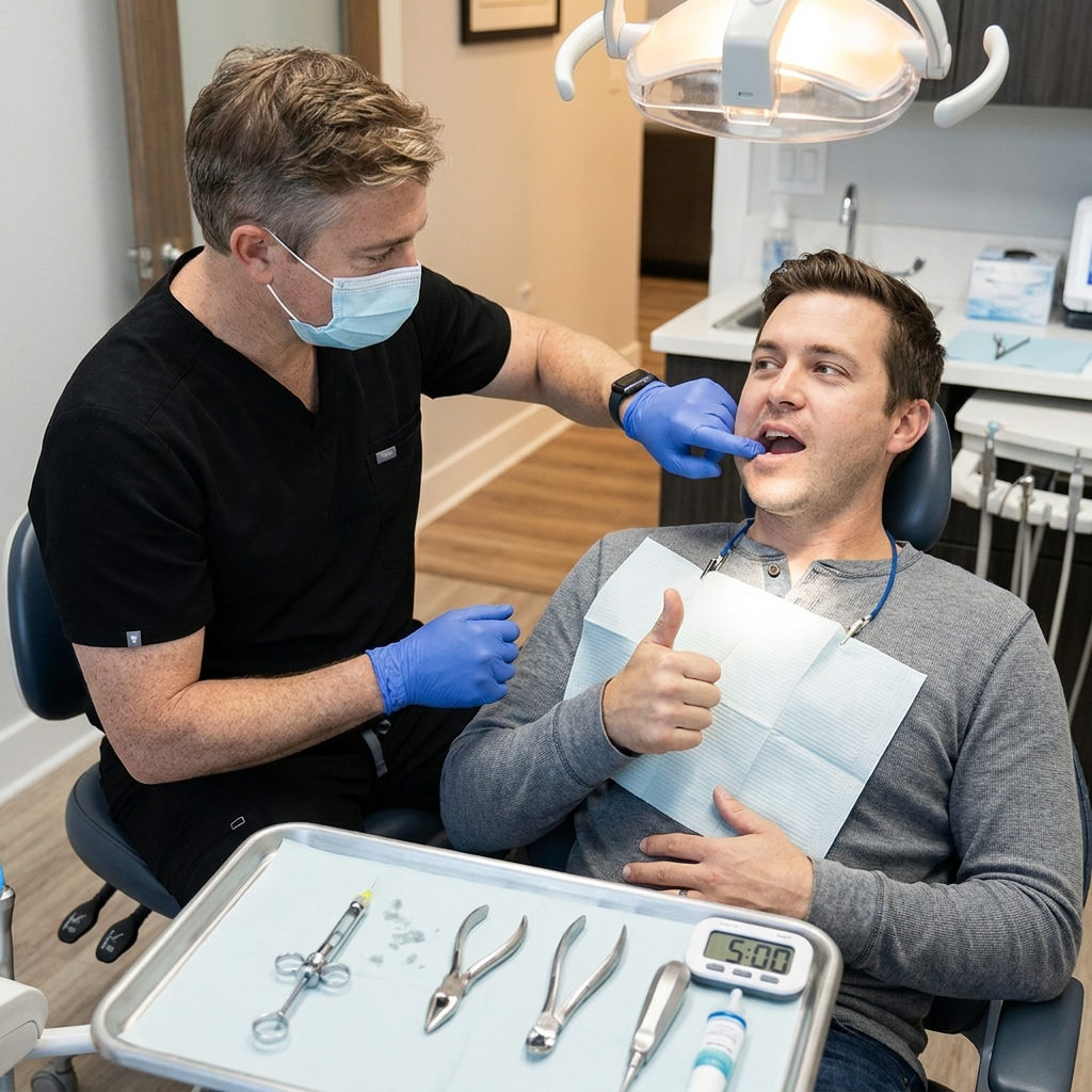 A Victoria dentist checks for numbness as a patient gives a thumbs up before an extraction at Schaar Dental Wellness.