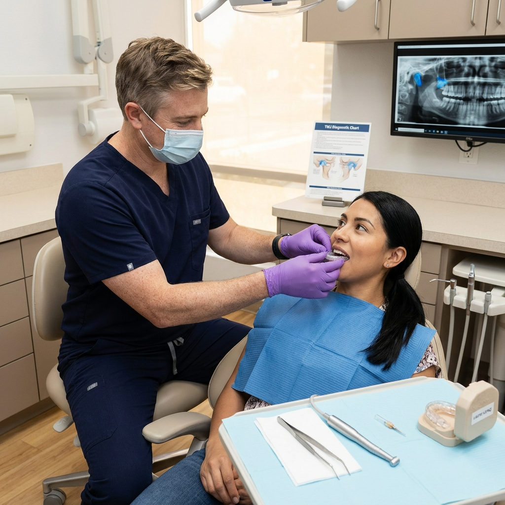 A dentist at Schaar Dental Wellness in Victoria, TX fits a clear occlusal splint for a patient during a TMJ exam.