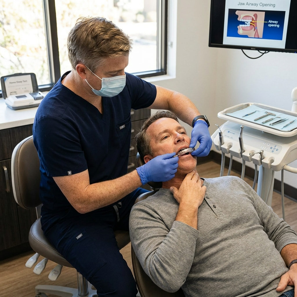 A Victoria, TX dentist at Schaar Dental Wellness adjusts a sleep apnea oral appliance for a patient in a modern operatory.