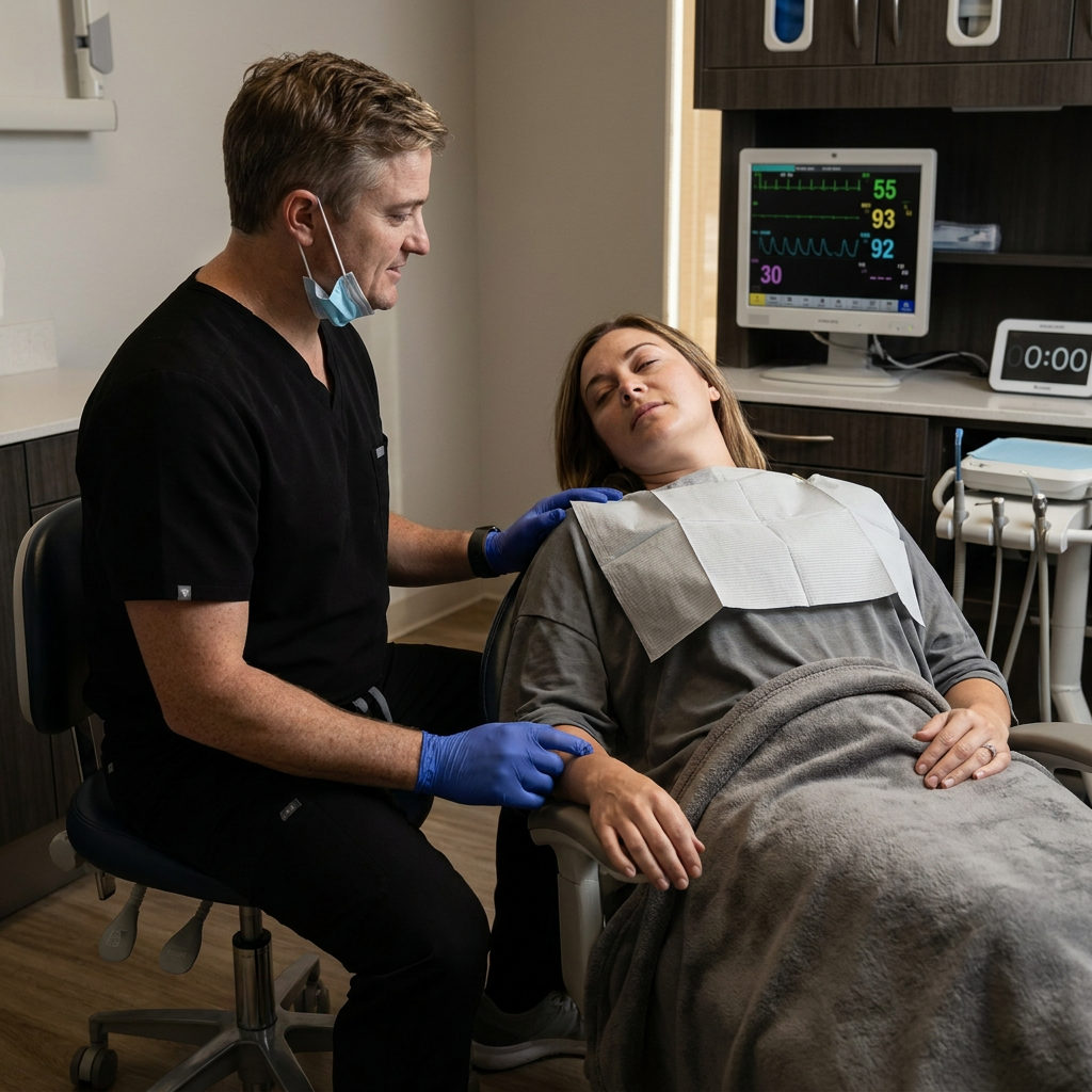 A Schaar Dental Wellness dentist in Victoria, TX comforts a relaxing sedation patient tucked under a warm blanket.
