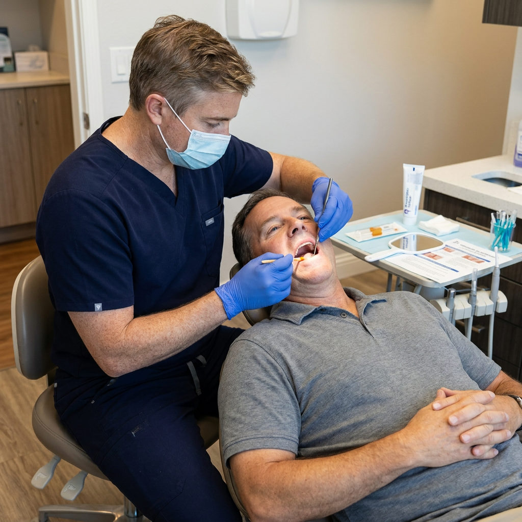 A dentist at Schaar Dental Wellness in Victoria, TX applies fluoride varnish to a patient's lower teeth and gum line.