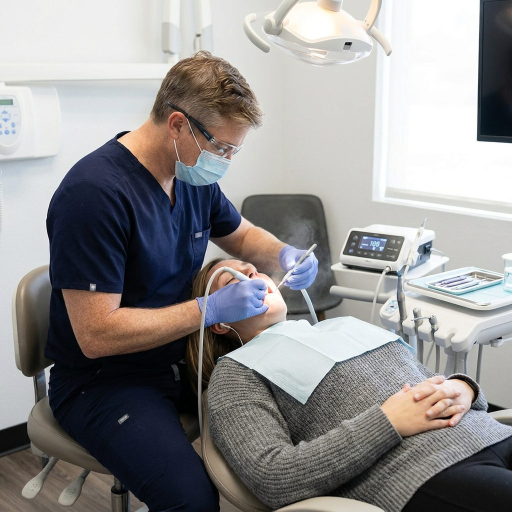 A Schaar Dental Wellness dentist in Victoria, TX, uses an ultrasonic scaler during a periodontal treatment for a patient.