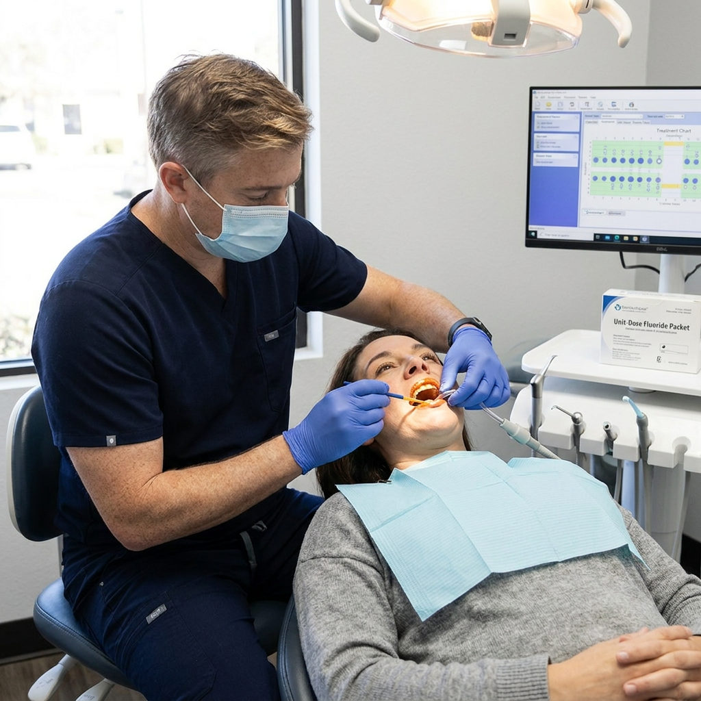 A dentist at Schaar Dental Wellness in Victoria, TX paints fluoride varnish onto a patient teeth with a small brush.