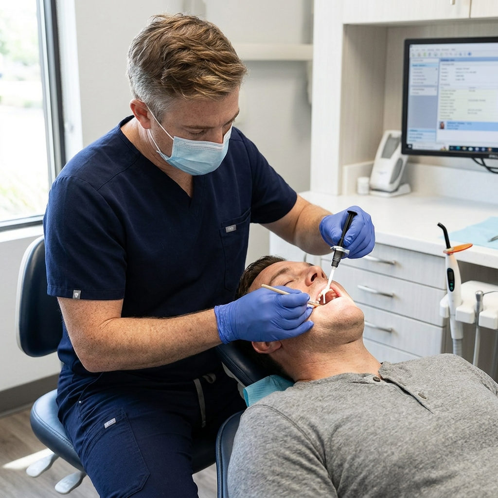 A Schaar Dental Wellness dentist in Victoria, TX applies liquid sealant to an adult patient tooth in a modern clinic.
