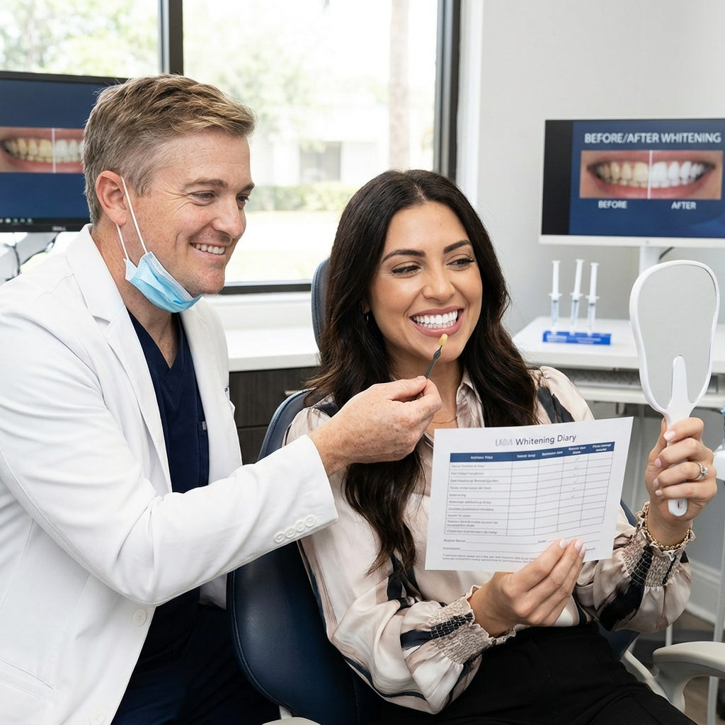 A Victoria dentist shows a smiling patient their bright teeth after take-home whitening at Schaar Dental Wellness.