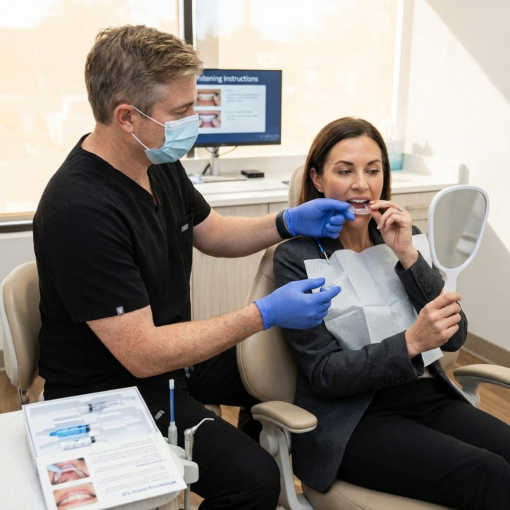 A dentist at Schaar Dental Wellness in Victoria, TX, guides an adult patient in fitting clear custom whitening trays.