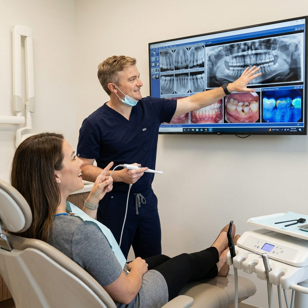 A dentist at Schaar Dental Wellness in Victoria, TX, shows a patient digital x-rays and intraoral photos on a monitor.