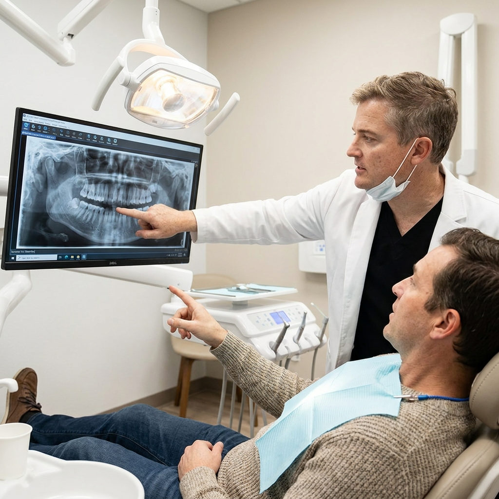 A dentist at Schaar Dental Wellness in Victoria, TX reviews a digital x-ray on a monitor with a patient.