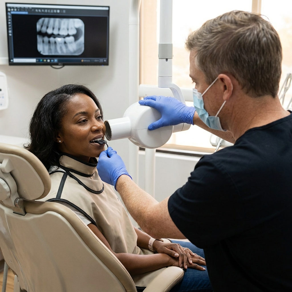 A clinician performs a dental x-ray for a patient at Schaar Dental Wellness in Victoria, TX.