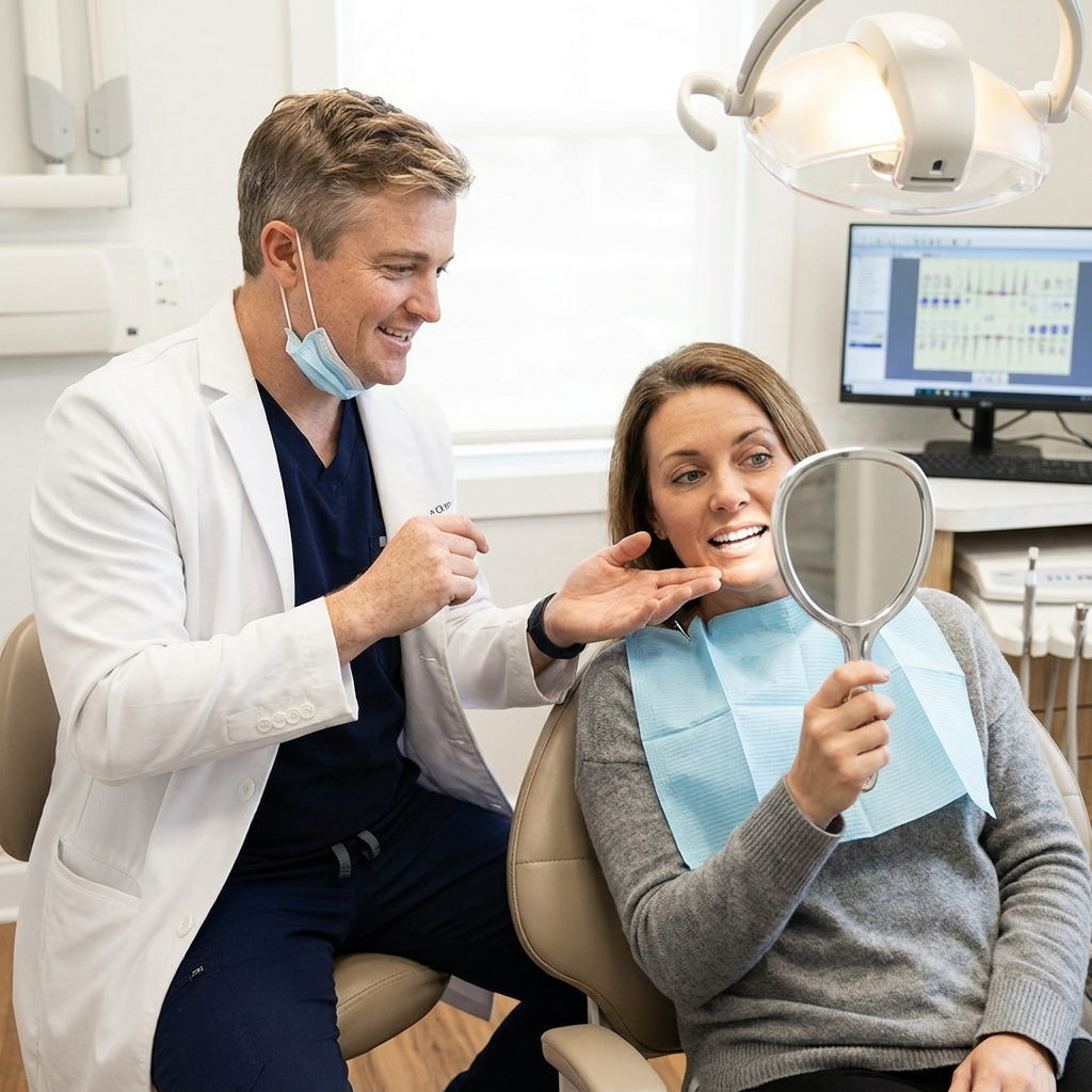 A dentist at Schaar Dental Wellness in Victoria, TX, uses a hand mirror to show a patient their clean teeth.