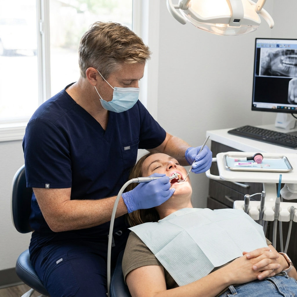 A Schaar Dental Wellness dentist in Victoria, TX uses a prophy cup to polish a patient's teeth during a cleaning.