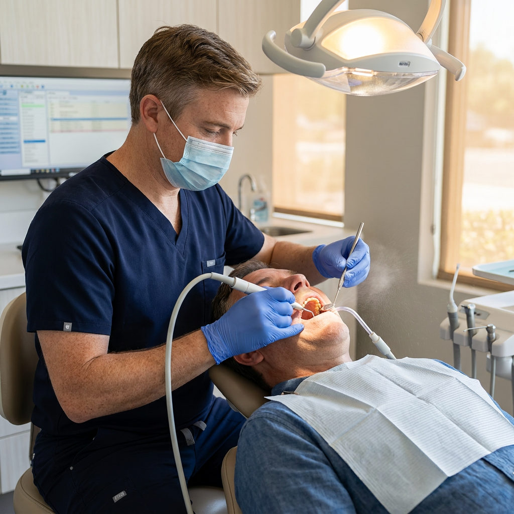 A dentist at Schaar Dental Wellness in Victoria, TX, uses an ultrasonic scaler to remove plaque during a dental cleaning.