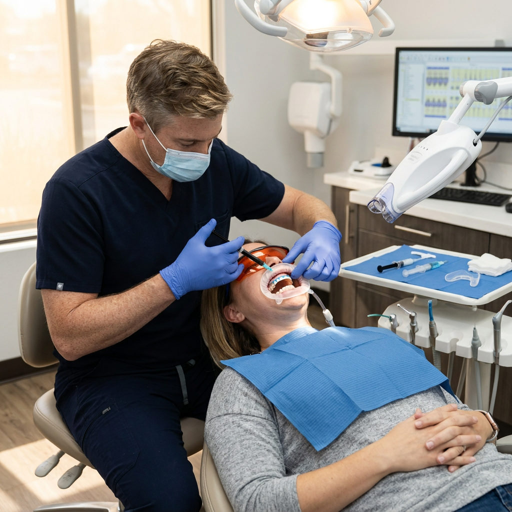 A Schaar Dental Wellness dentist in Victoria, TX applies a protective gum dam for a patient during a whitening session.