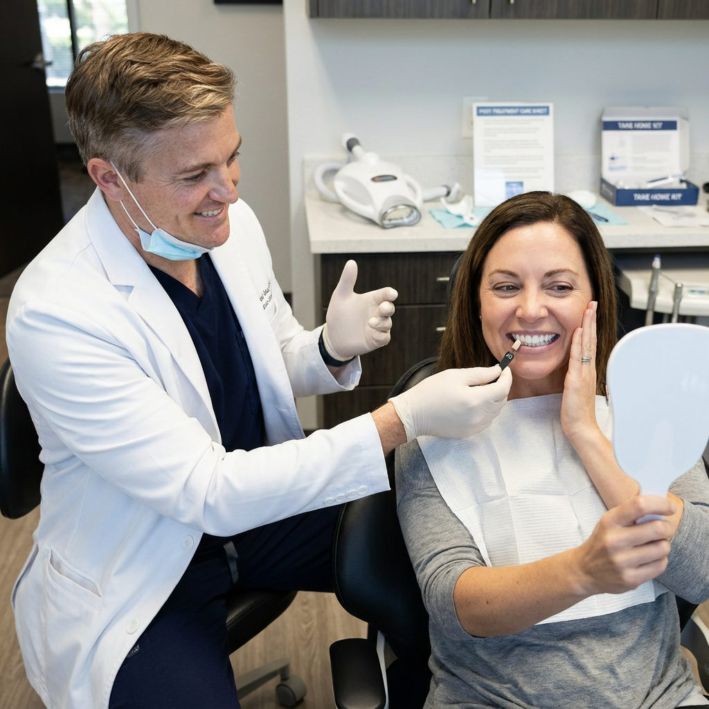 A Schaar Dental Wellness dentist in Victoria holds a shade tab against a patient's brightened teeth after whitening.