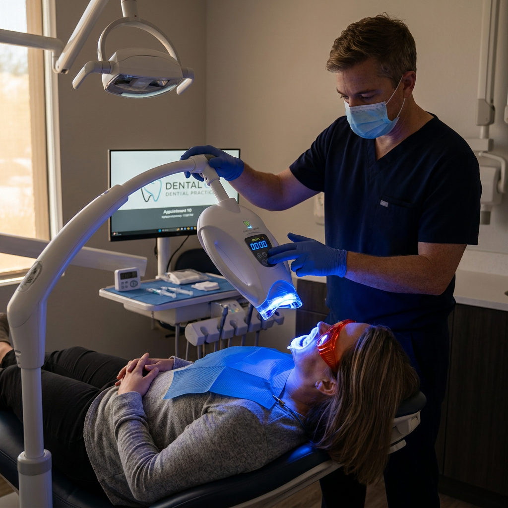 A dentist at Schaar Dental Wellness in Victoria, TX, positions a blue whitening lamp over a reclined patient.