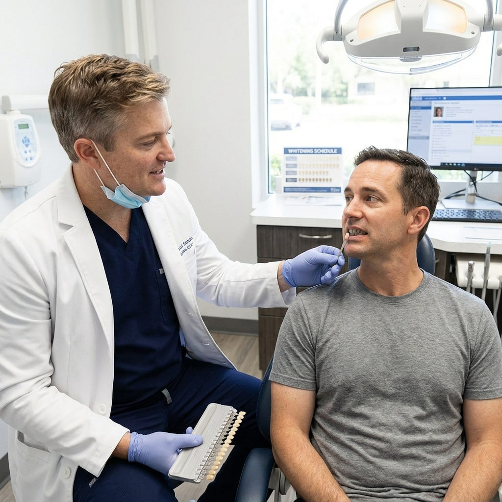 A dentist at Schaar Dental Wellness in Victoria, TX, uses a shade guide to assess a patient for deep bleaching treatment.
