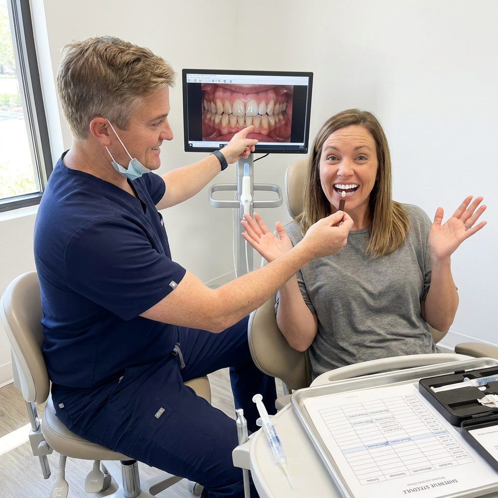 A Victoria dentist compares a patient's bright smile to a dark shade tab and baseline photo at Schaar Dental Wellness.
