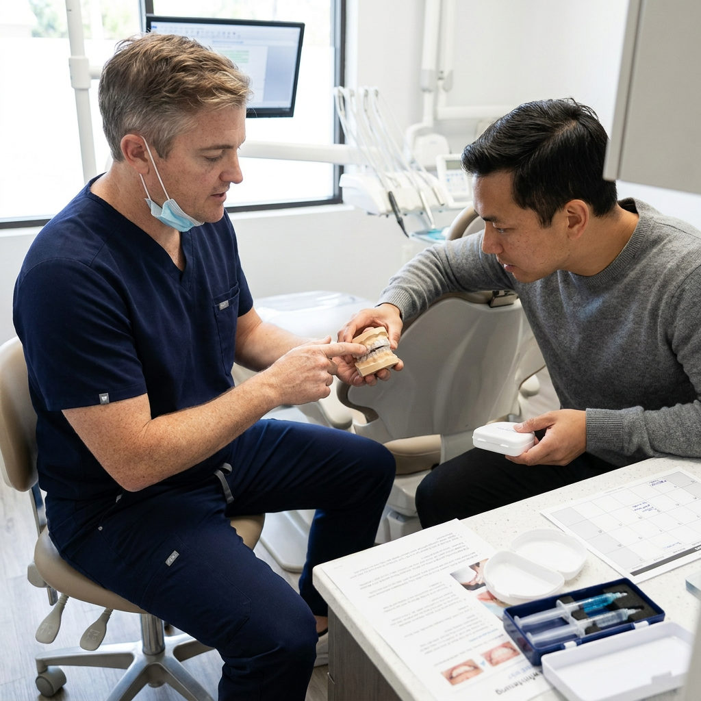 A Schaar Dental Wellness dentist in Victoria, TX shows a patient how whitening trays fit on a dental model.