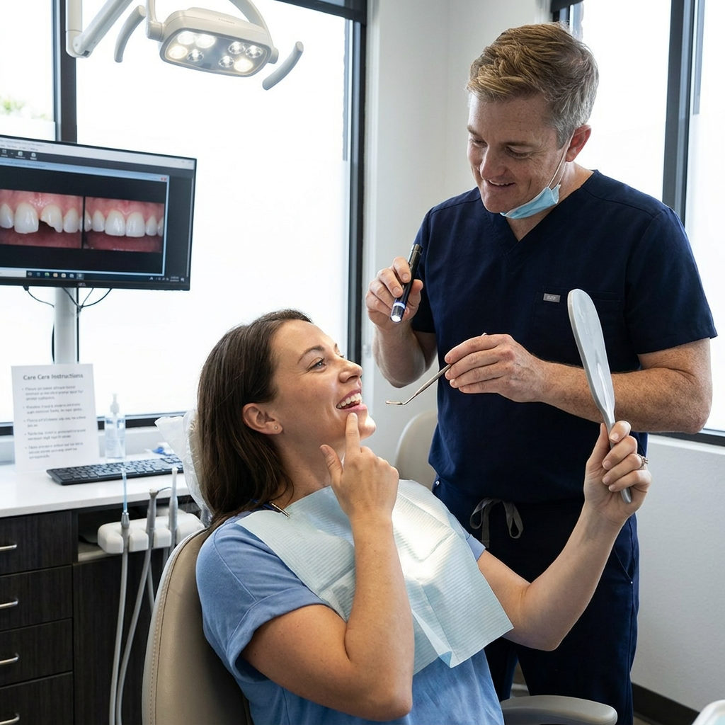 A Schaar Dental Wellness dentist in Victoria, TX uses a penlight to check a patient's new bonding in a clinic.