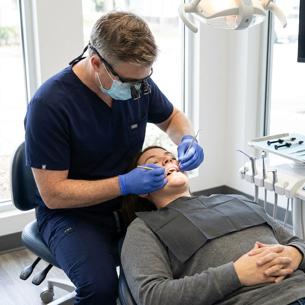 A Victoria dentist at Schaar Dental Wellness uses a sculpting tool to shape composite bonding material on a front tooth.