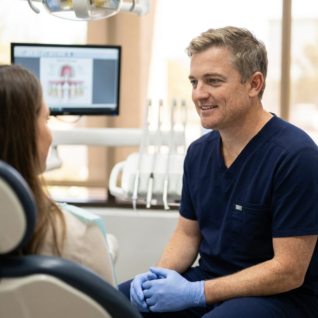 Dr. Schaar discusses bonding options with a patient in a modern Victoria, TX dental suite at Schaar Dental Wellness.