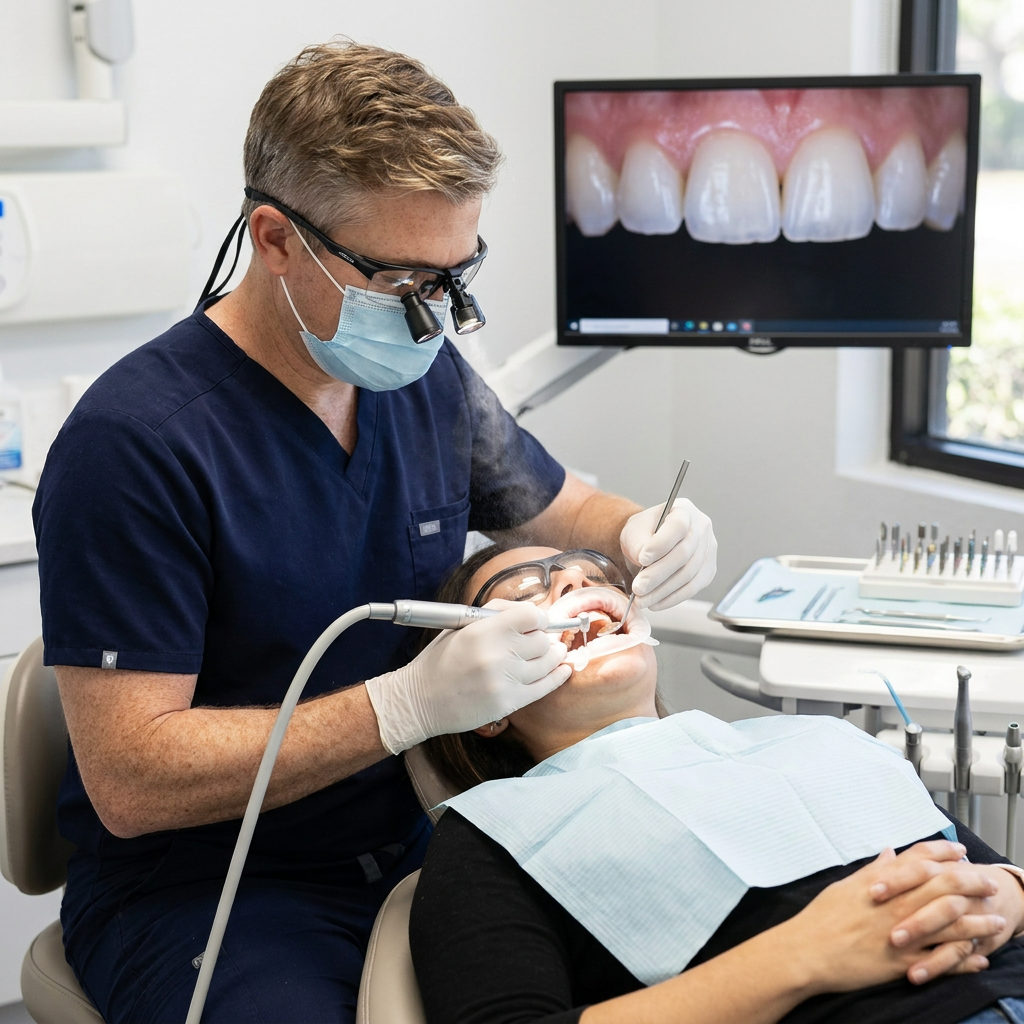 A dentist at Schaar Dental Wellness in Victoria, TX uses loupes to perform conservative veneer preparation on a patient.