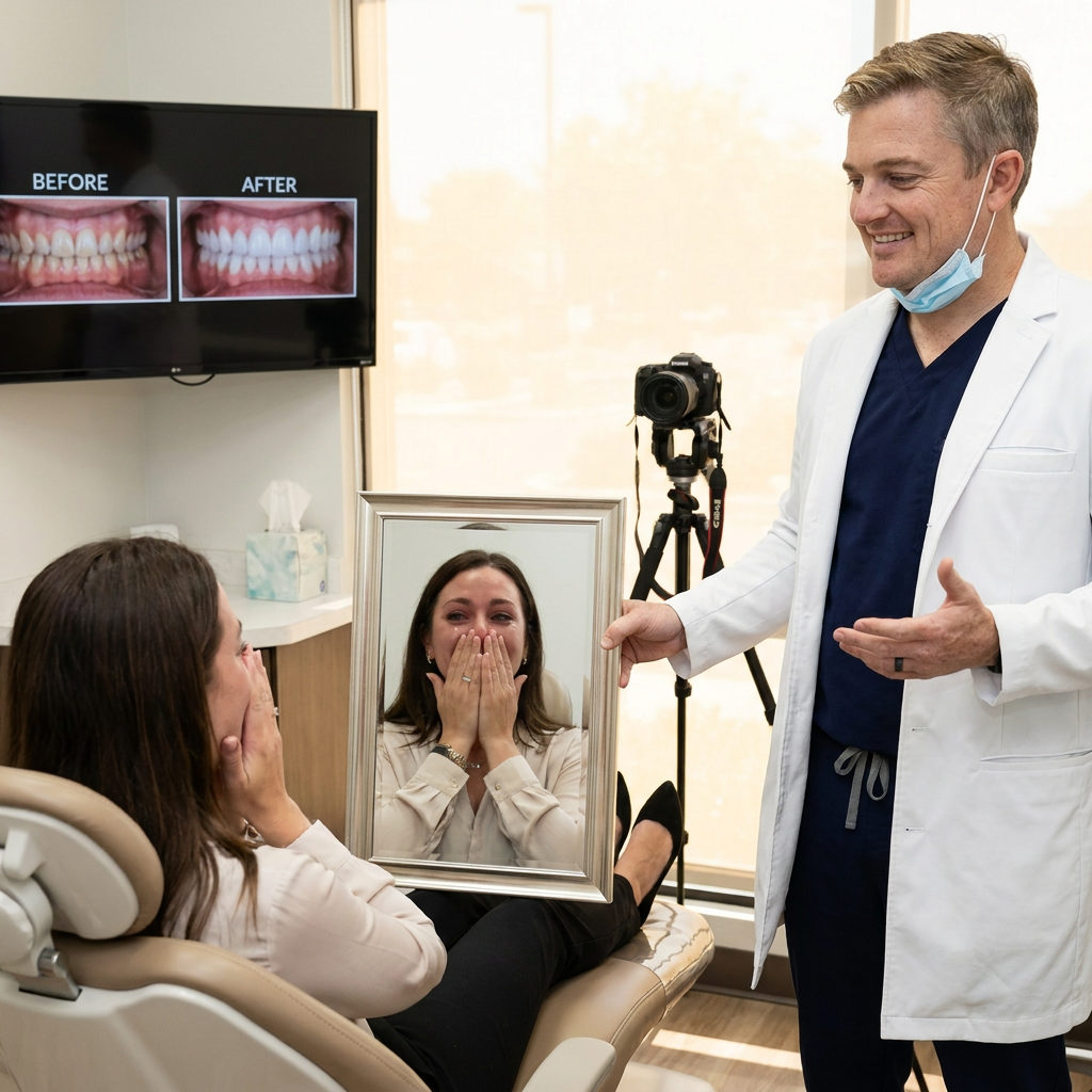 A patient at Schaar Dental Wellness in Victoria, TX smiles in a mirror while showing the dentist her new porcelain veneers.