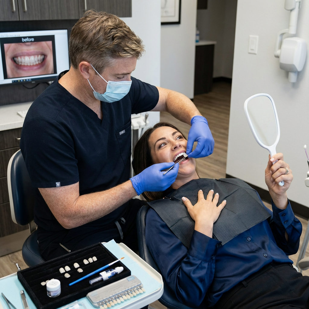 A Victoria, TX dentist at Schaar Dental Wellness places a porcelain veneer while the patient watches in a handheld mirror.