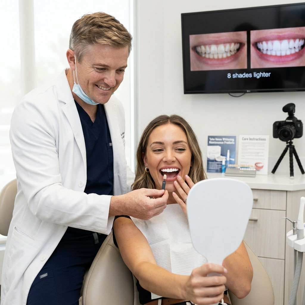 A Schaar Dental Wellness dentist in Victoria, TX holds a dark shade tab next to a patient's bright, whitened teeth.