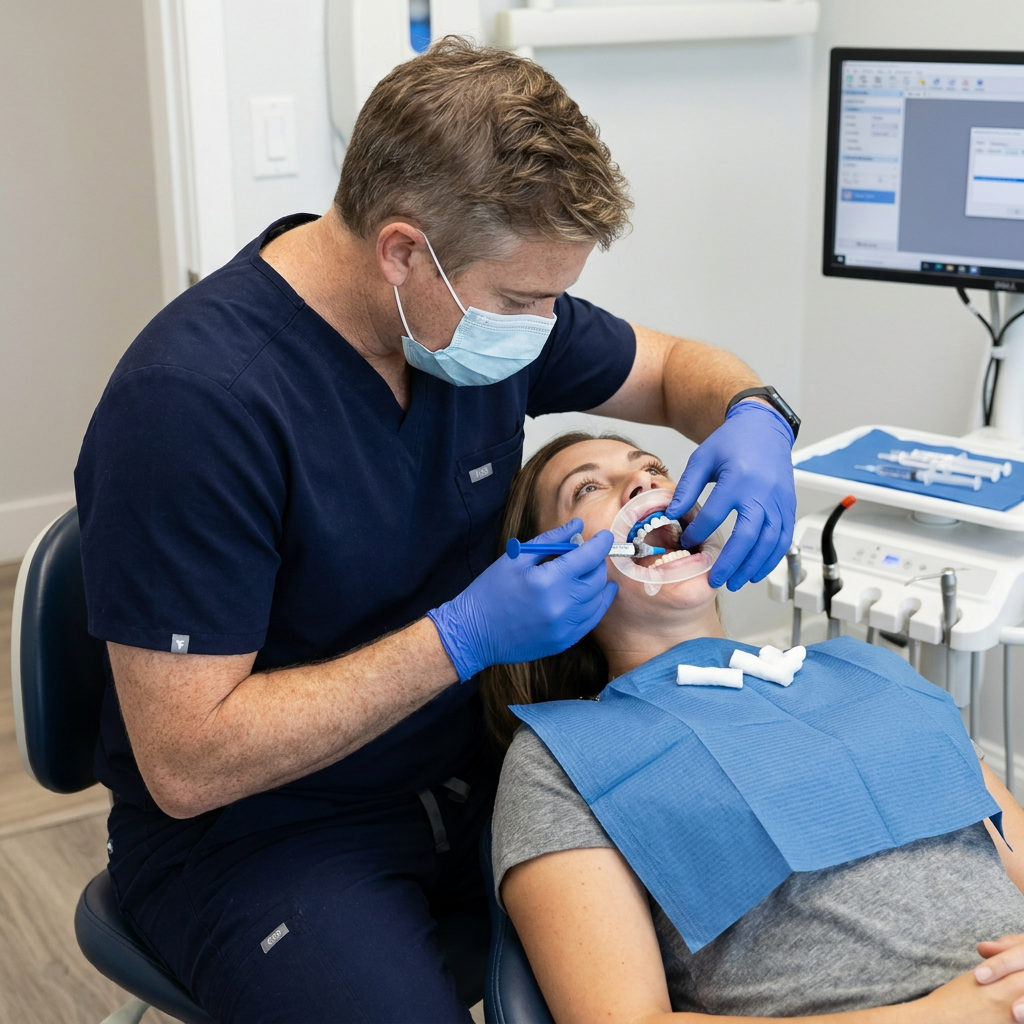 A dentist at Schaar Dental Wellness in Victoria, TX applies protective gum barrier material before a whitening treatment.
