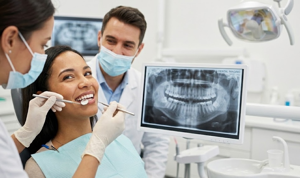 A smiling patient in a dental chair during a checkup as the dentist reviews her panoramic dental X-ray on a monitor.