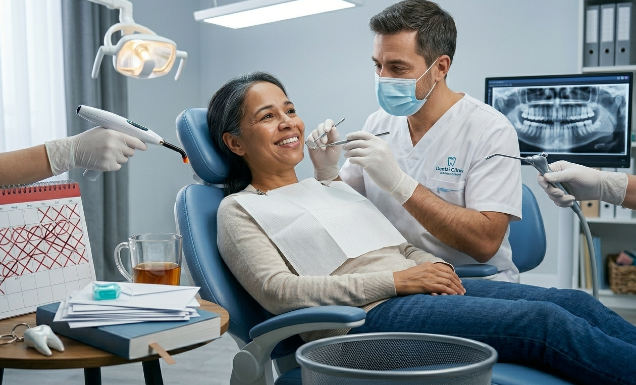 A dentist pointing to a dental X-ray on a monitor while explaining hidden cavities to a patient, showing problems that developed without causing pain.