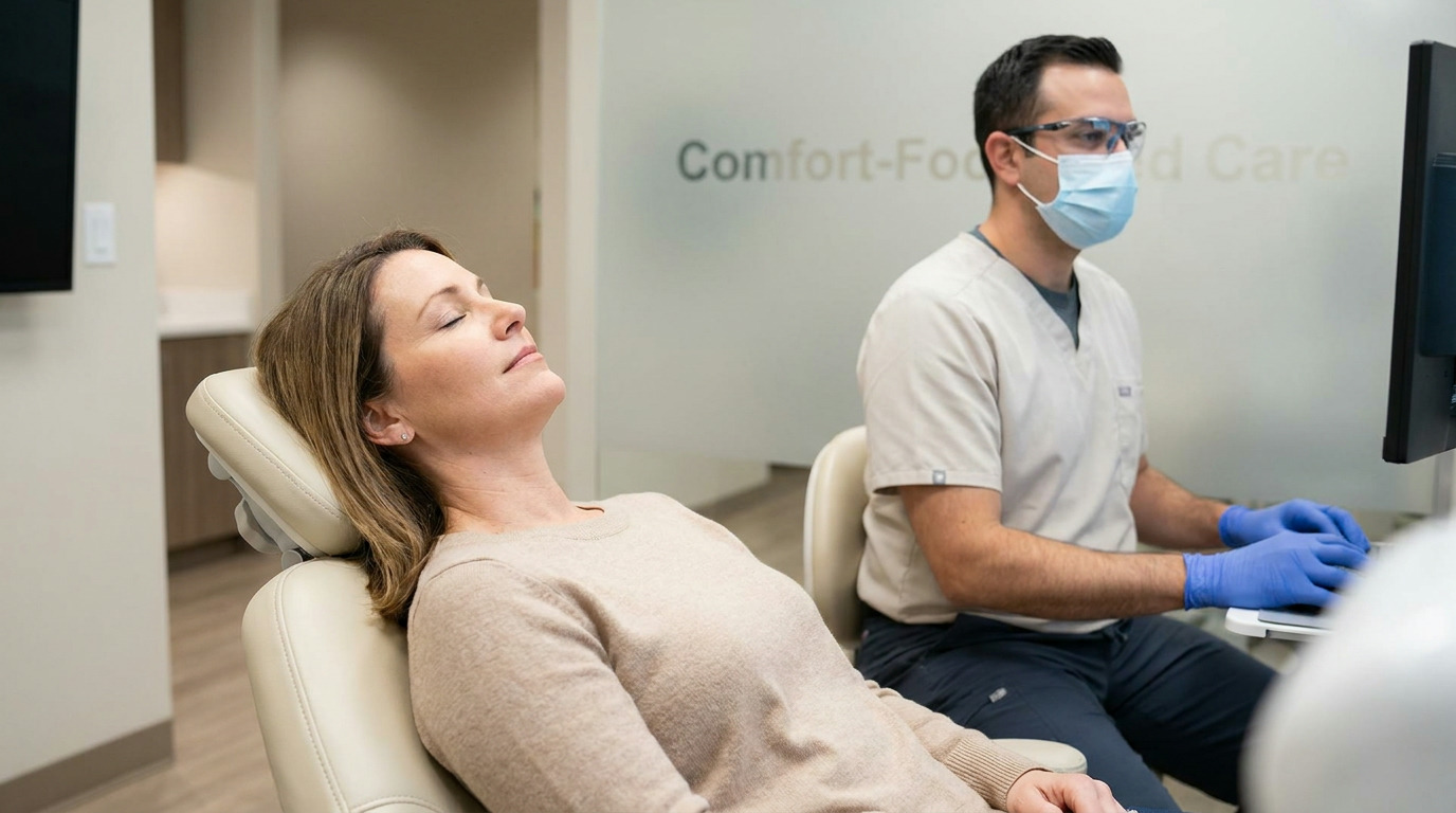 A patient reclines with closed eyes in a dental chair while a dentist in scrubs, mask, and safety glasses types on a computer keyboard.