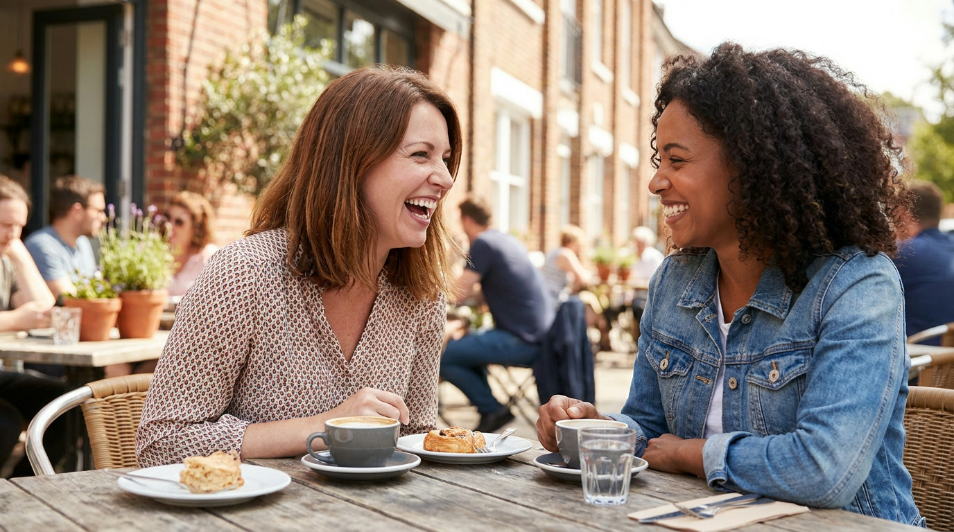 Two women laugh together at an outdoor cafe table with coffee cups, pastries, and a glass of water, with other patrons and brick buildings in the background.