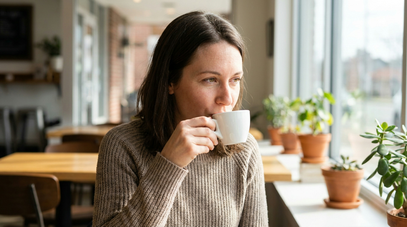 Morgan sips from a white cup while looking out a window, wearing a light brown sweater, with potted plants on the windowsill and blurred tables in the background.