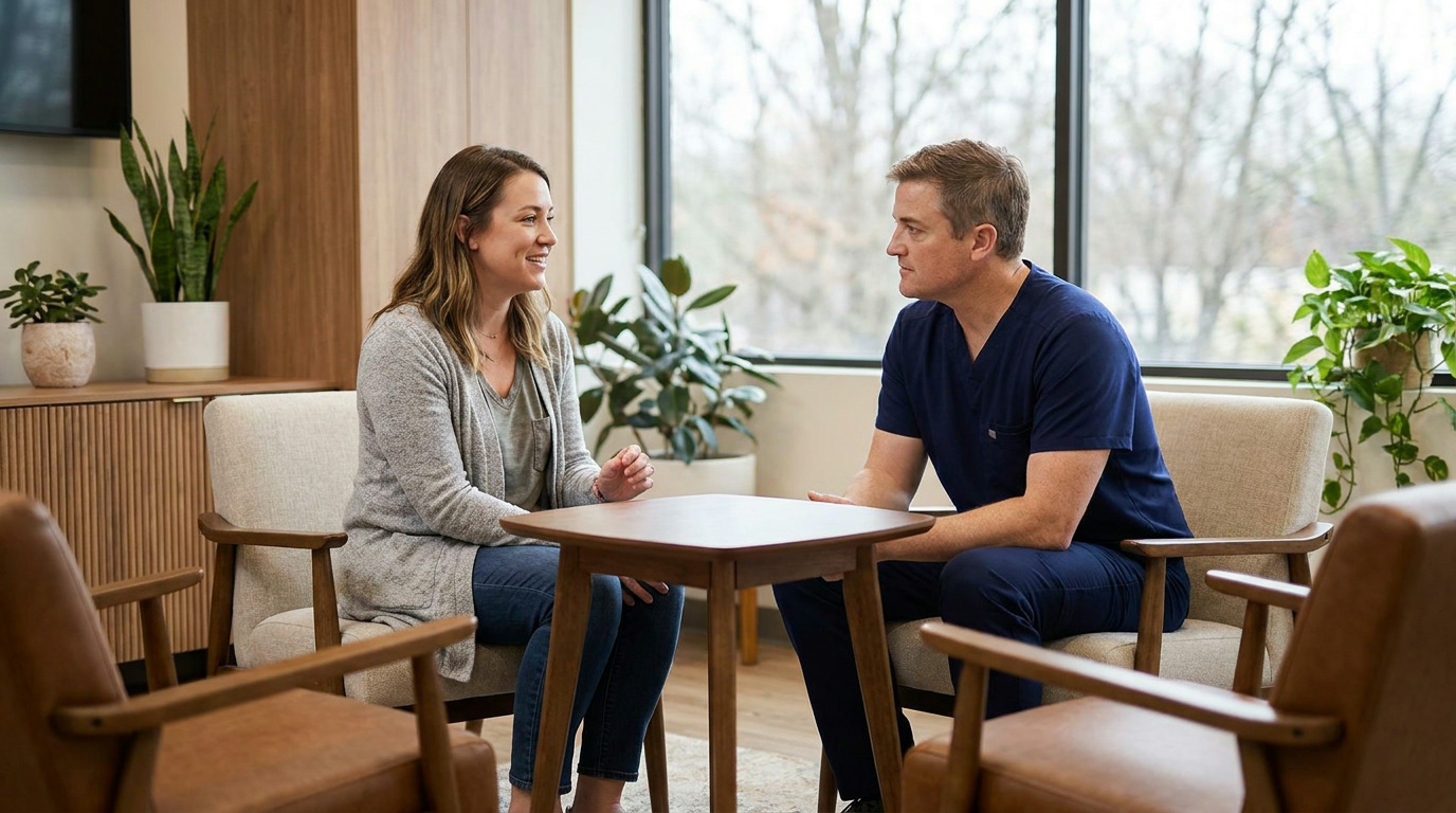 Dr. Taylor Schaar in blue scrubs sits across a small wooden table from Ashley, who wears a gray cardigan and jeans, in a modern waiting area with plants and a large window.