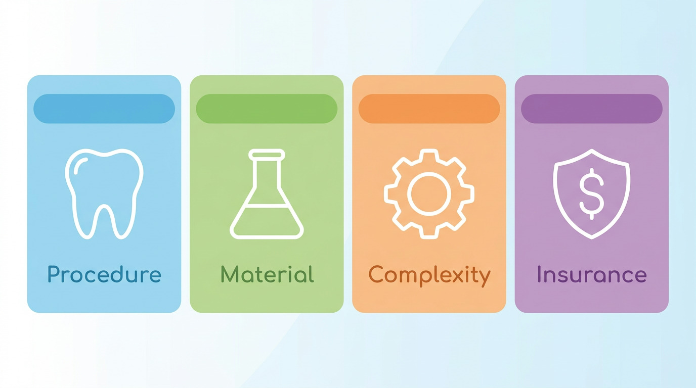 Four colorful cards display icons and text: a blue card with a tooth and "Procedure," a green card with a flask and "Material," an orange card with a gear and "Complexity," and a purple card with a shield containing a dollar sign and