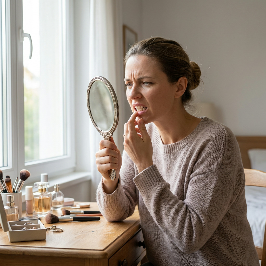 Olivia sits at a wooden vanity table, holding a hand mirror and examining her teeth with a finger, looking concerned in front of a window.