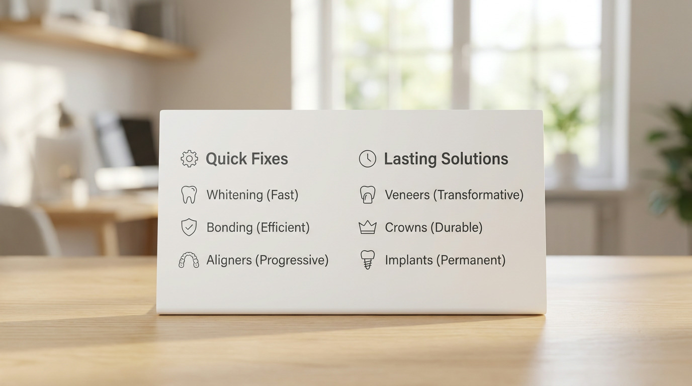 A white sign on a wooden desk displays two columns, "Quick Fixes" and "Lasting Solutions," listing dental services with icons, against a blurred background of a sunlit room with a window and plants.